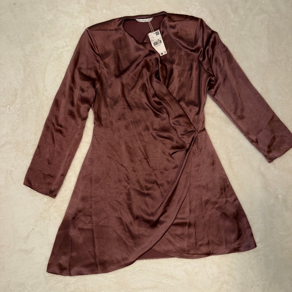Mango Satin-Look Long Sleeve Wrap Dress in Dark Brown